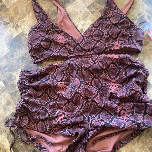 YITTY Mauve Swim bikini with Black Snake-Print Trim shorts and top NWT
